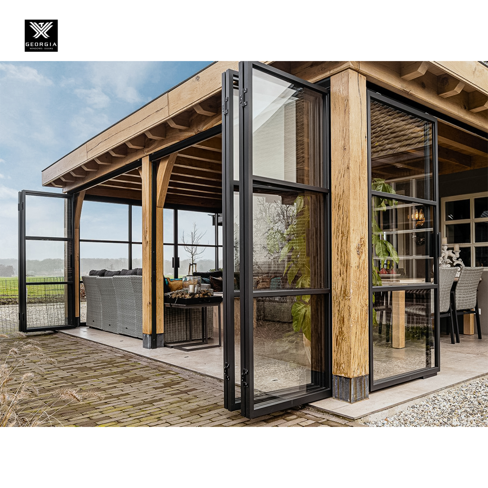Moderne glazen stalen vouwdeuren voor huizen, Crittall-stijl metalen schuifdeur met stapelfunctie voor terras