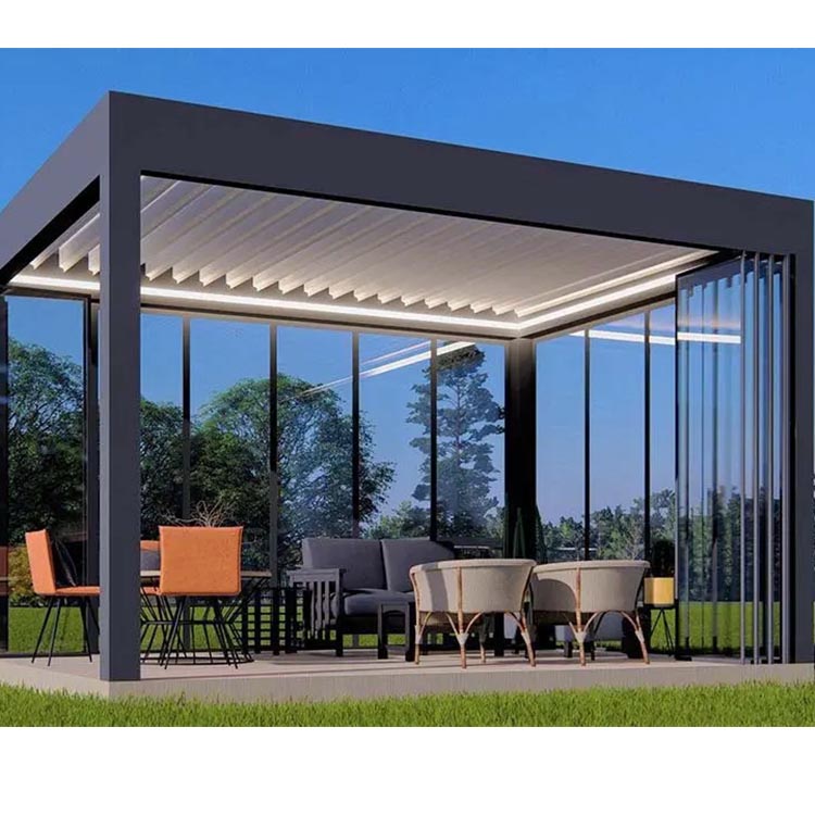Luxe moderne buitenpergola daksysteem waterdicht metalen tuinpergola op maat aluminium lamellenpergola gemotoriseerd