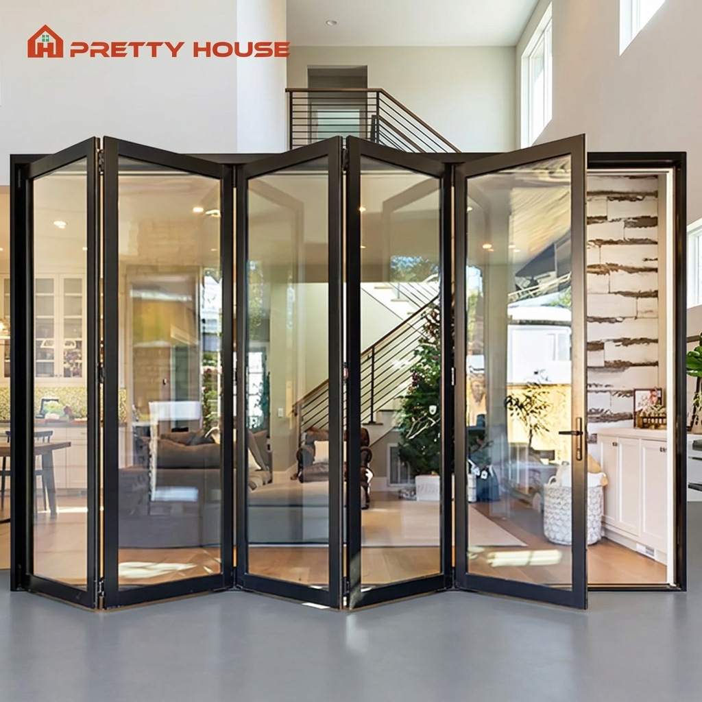 Op maat gemaakte buitendeur voor veranda, vouwdeur met LowE-schuifsysteem, dubbel glas, geluidsisolerende aluminium vouwdeur voor terras