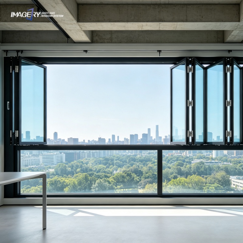 Modern aluminium vouwraam met dubbel glas, geluidsisolatie en dubbele vouwopening voor keuken, winkel of balkon.