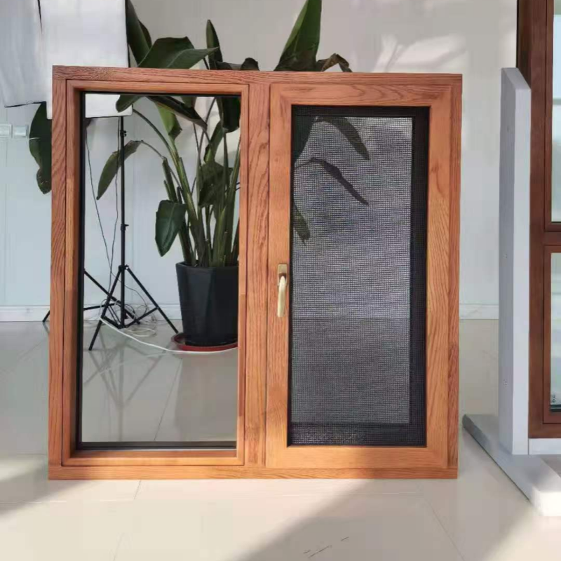 Chinese leverancier van thermisch efficiënte aluminium beklede houten ramen, waterdichte ramen met groot glas.