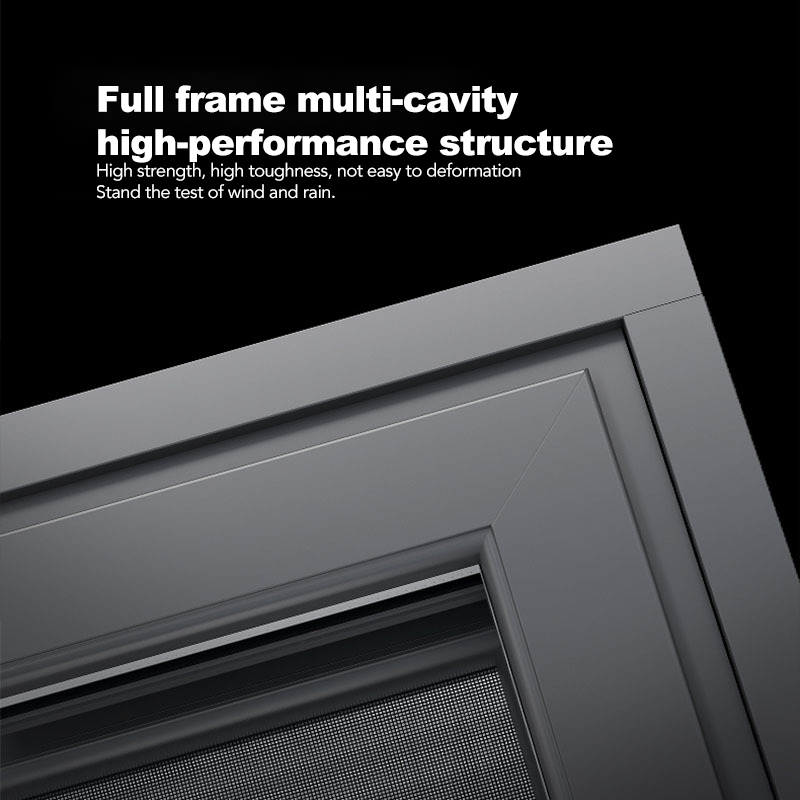 Moderne, enkelvoudig hangende, verticale schuiframen voor de keuken met zwart aluminium frame en roestvrijstalen ophangsysteem.