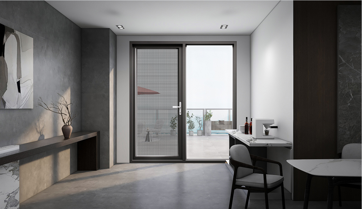 Moderne draaideur van aluminiumlegering met horgaas en geluidsisolatie voor woonhuizen, villa's en op maat gemaakte deuren.