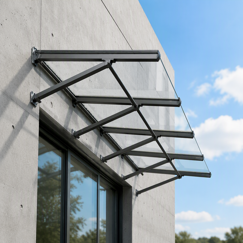 Weerbestendige luifel van aluminiumlegering met dubbel gehard glas (lage emissiecoating), waterdicht zonnescherm voor de voordeur.