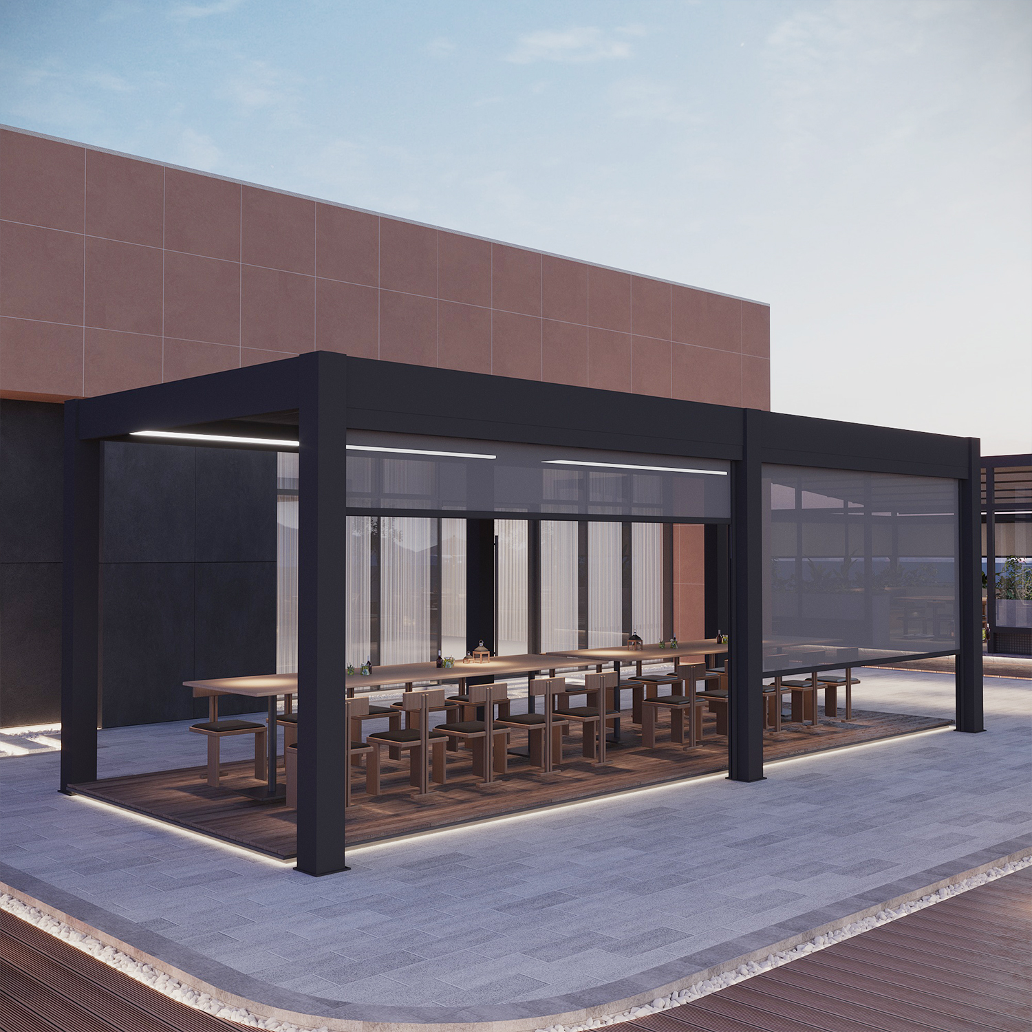 Gemotoriseerde, regenbestendige lamellen voor buiten, tuinoverkapping, terrasoverkapping, gepoedercoat tuinpaviljoen, bioklimatische lamellen aluminium pergola, balkon