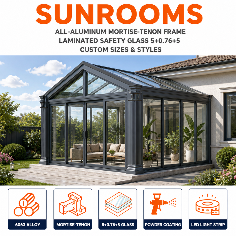 MEXIN Modern Aluminum Enclosed Four Seasons Sunroom Low-E Glass Detachable PC Screen 3 Sliding Double Doors Residential Exterior