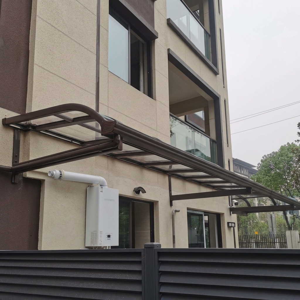 Raamluifel met gepoedercoat aluminium frame, luifel van massief PC-plaat, zon- en regenbescherming voor de ingang van een villa