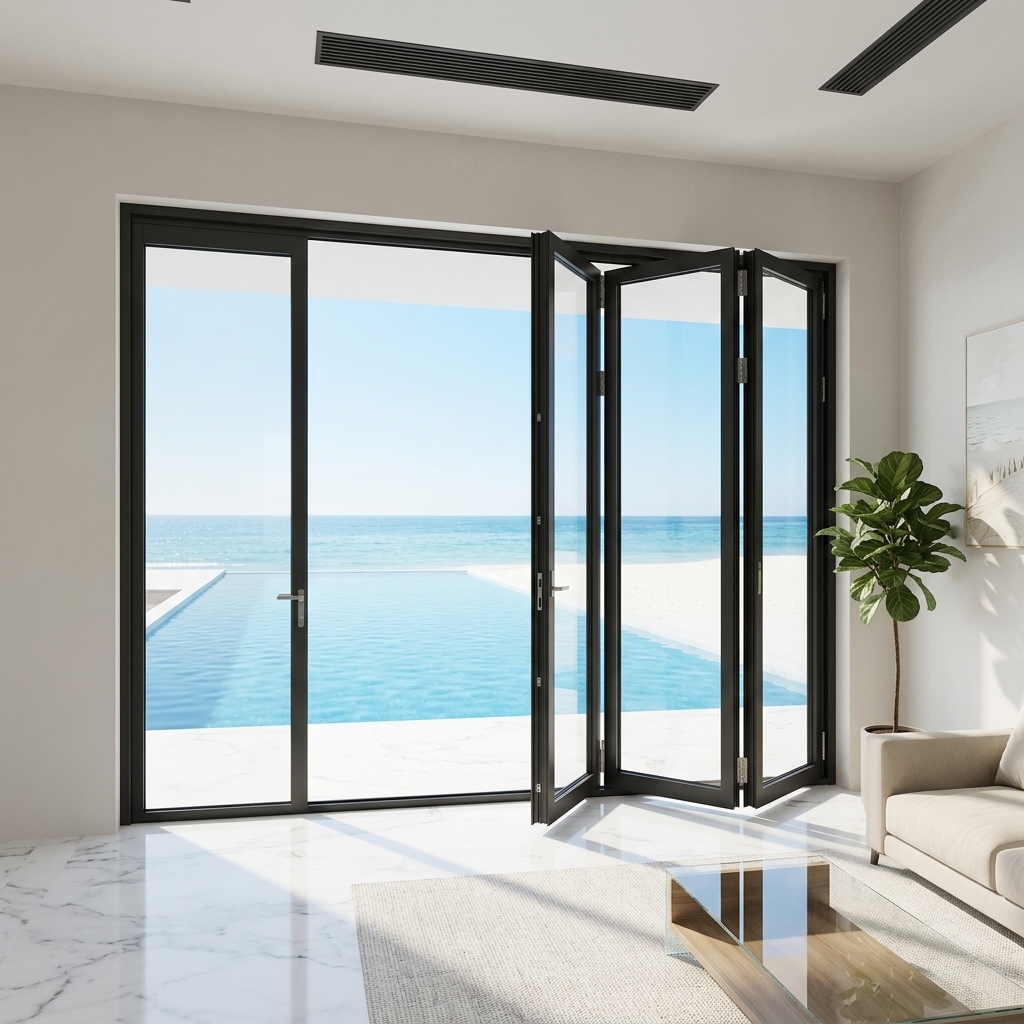 NFRC aluminium accordeondeur voor buiten, thermisch onderbroken dubbel gehard glas, dubbele vouwschuifdeur voor terras