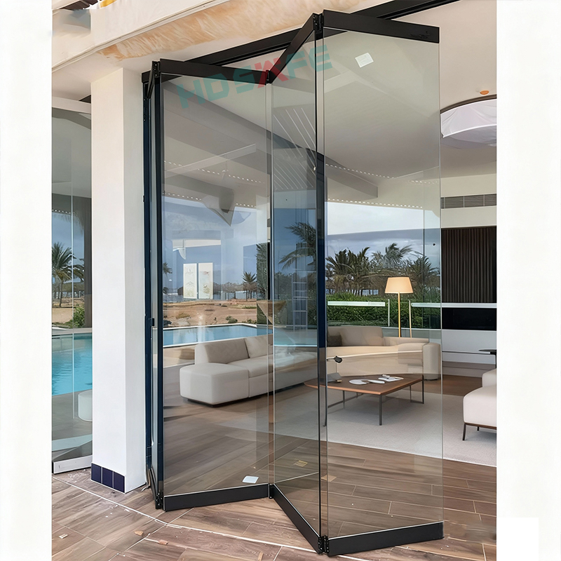 Frameloze glazen vouwdeur van roestvrij staal voor villa, balkon, restaurant, verplaatsbare glazen scheidingswand, stapelbare schuifdeur van glas, dubbele vouwdeur