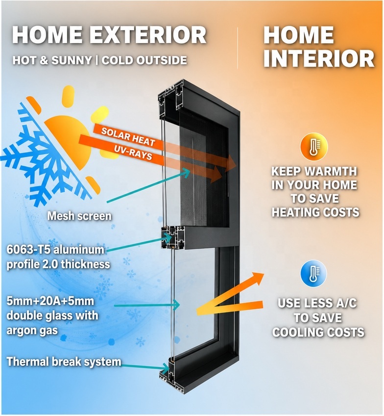 Moderne aluminium draai-kiepramen en -deuren met lamellen, energiebesparend Low-E-glas, dubbel glas, draai-kiepfunctie.