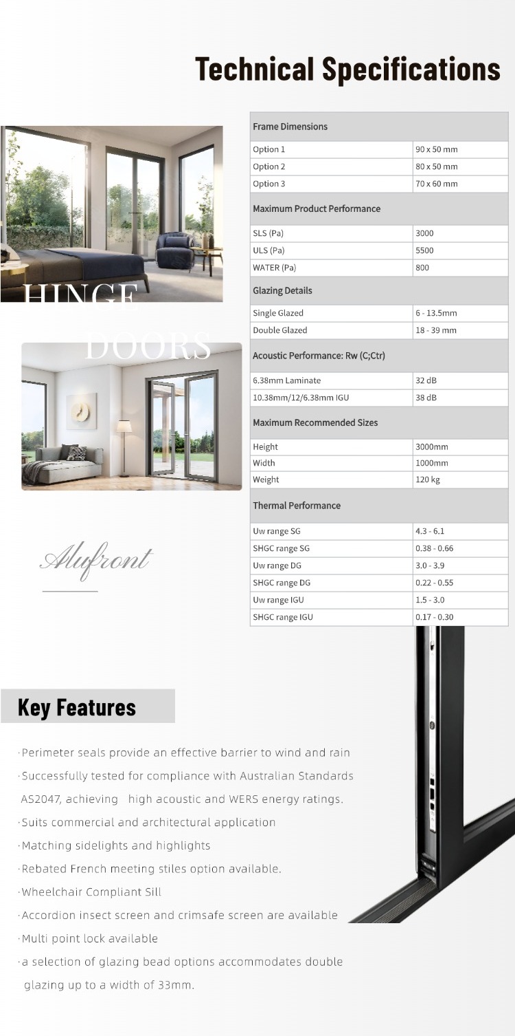 Alufront Steel Look Swing Glass French Doors Thermal Break Aluminum Casement Crittall Door Hinged Patio Partition Hotel