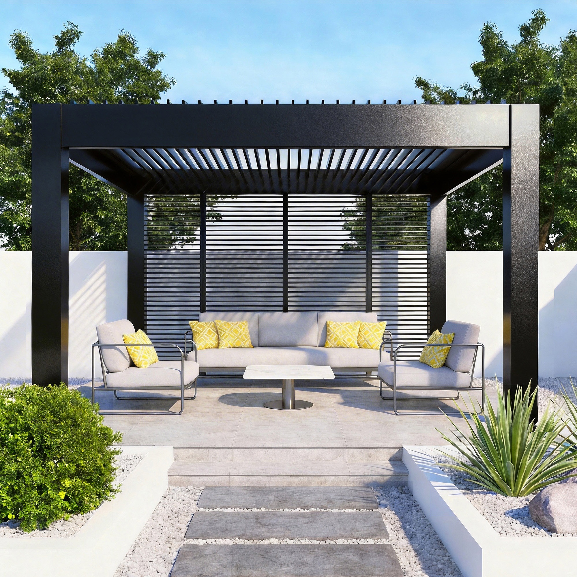 Metalen lamellen terrasoverkapping, waterdicht zonnescherm, gepoedercoat, elektrische bioklimatische aluminium pergola met lamellen