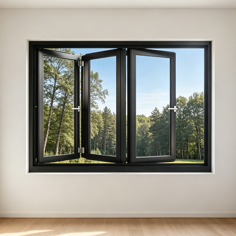 Fabrieksmatig geproduceerd, orkaanbestendig aluminium vouwraam met driedubbel glas, windbestendig en stormbestendig, geschikt voor een villa aan de kust.