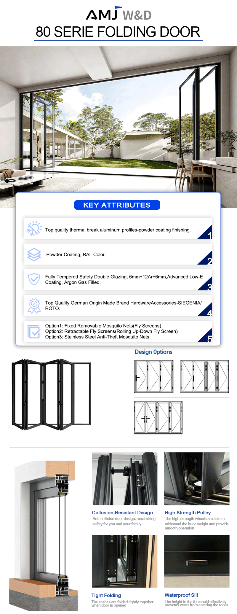 AMJ NFRC Grid Design Villa Waterproof Bi Fold Doors Aluminum Exterior Door Balcony Patio Lowe Glass Doors
