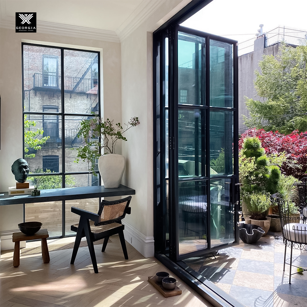 Moderne glazen stalen vouwdeuren voor huizen, Crittall-stijl metalen schuifdeur met stapelfunctie voor terras