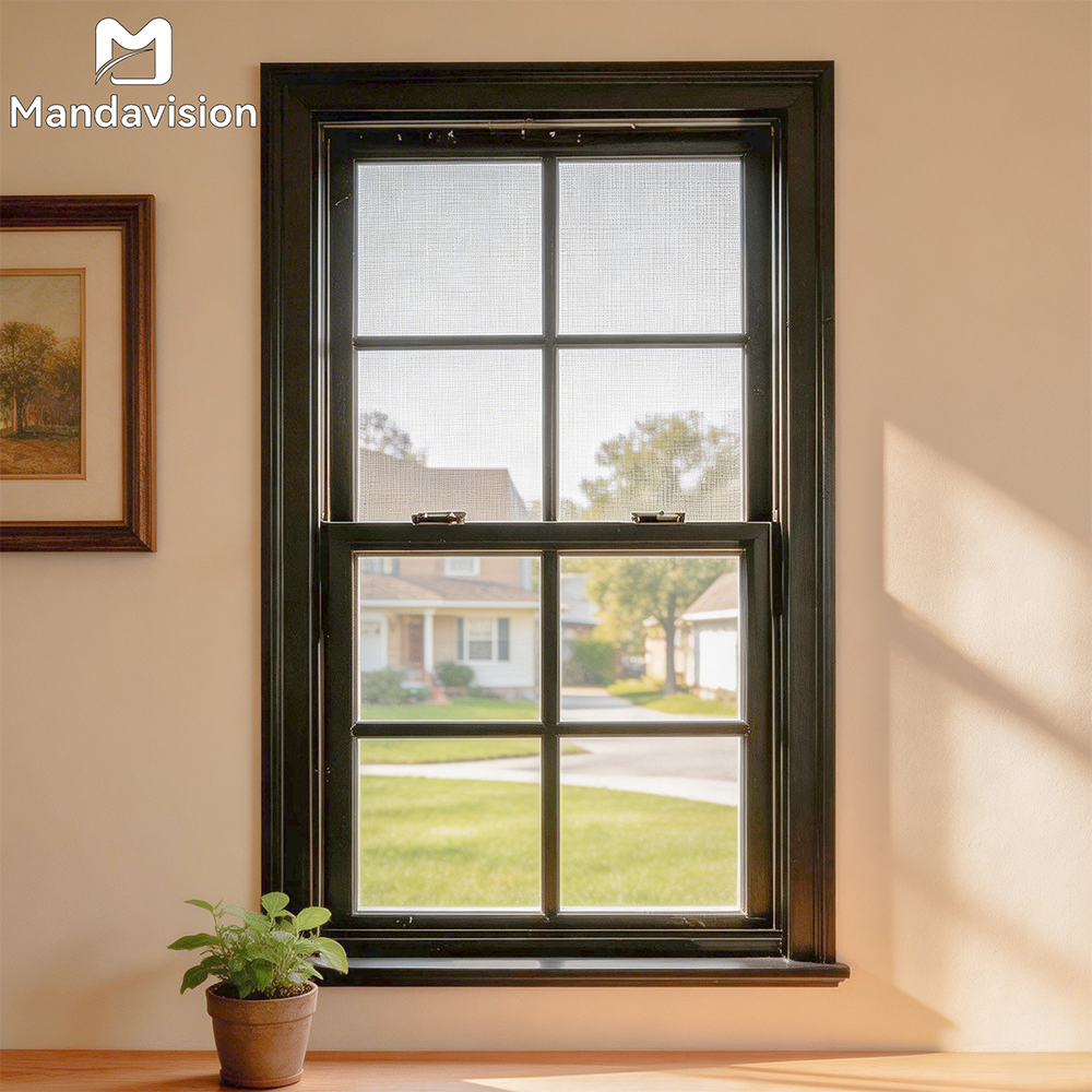 Verticaal schuifraam met enkelvoudig aluminium frame, dubbel glas en hor, op maat gemaakt qua hoogte en breedte, ideaal voor thuis of kantoor.