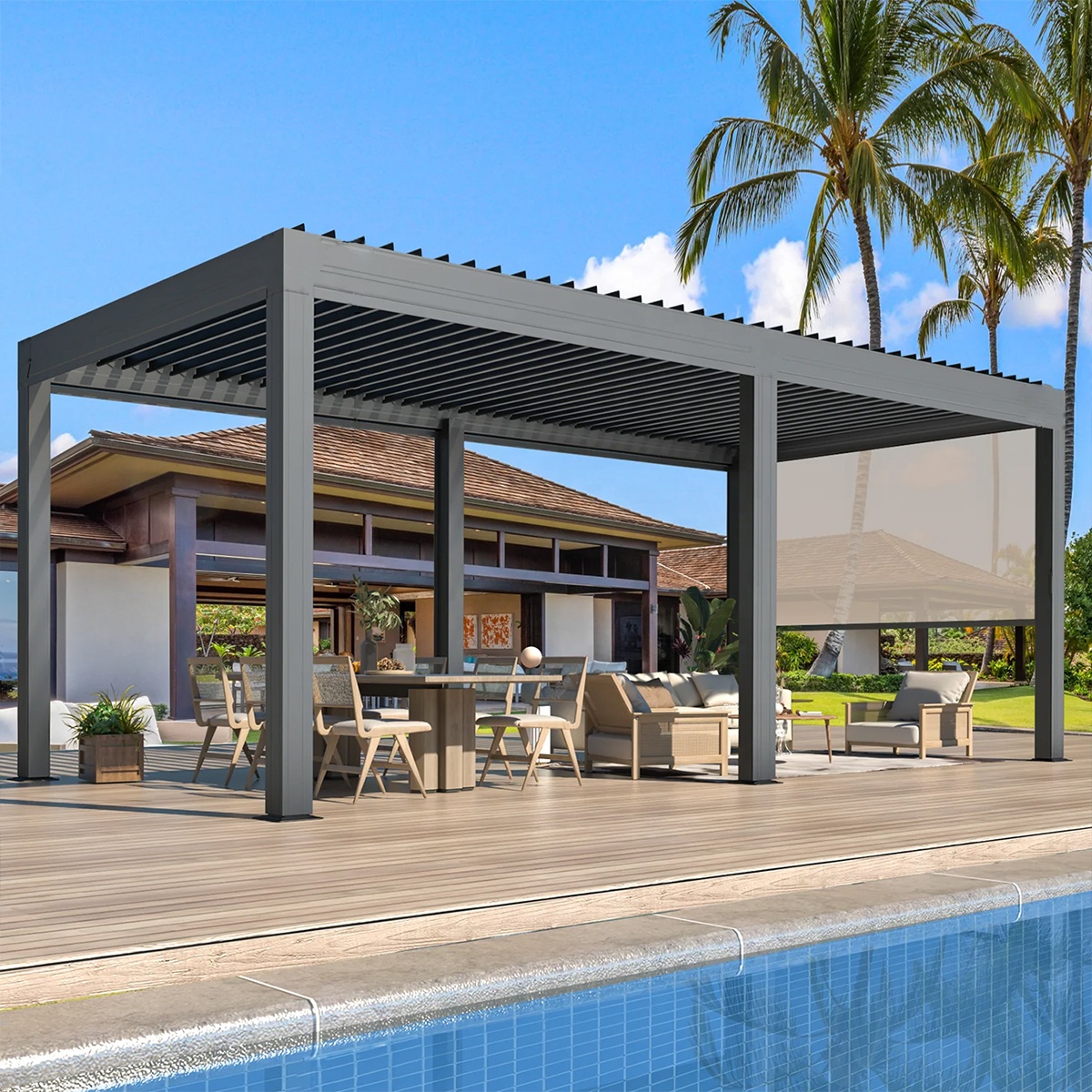 Metalen lamellen terrasoverkapping, waterdicht zonnescherm, gepoedercoat, elektrische bioklimatische aluminium pergola met lamellen