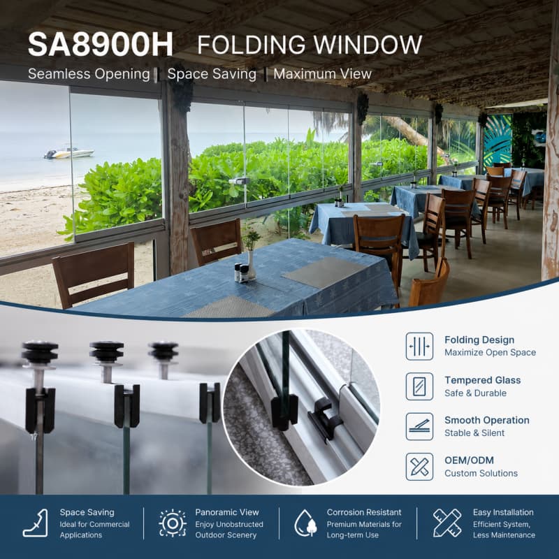 Volledig zichtbaar, naar buiten vouwbaar, dubbel open schuifbaar balkonraamsysteem van glas met aluminium frame en vouwdeur.