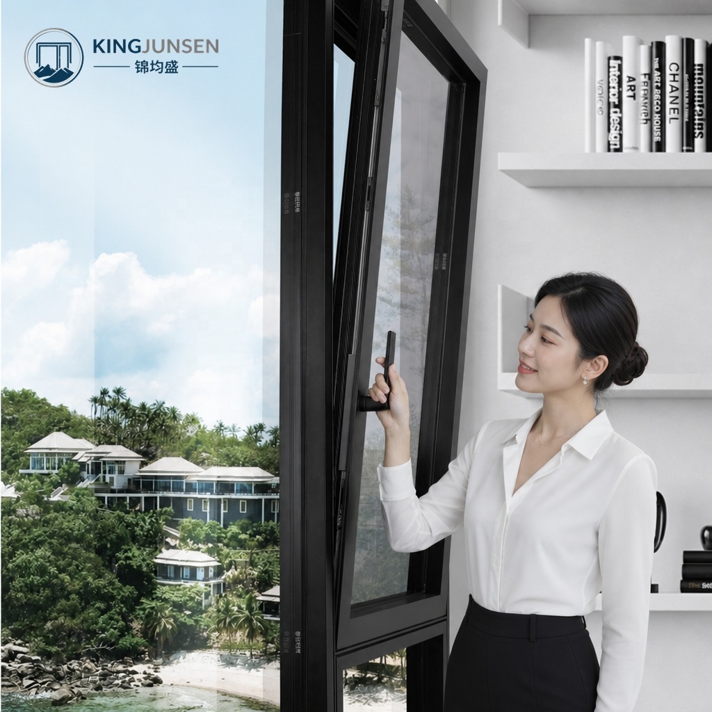 Moderne aluminium draai-kiepramen en -deuren met lamellen, energiebesparend Low-E-glas, dubbel glas, draai-kiepfunctie.