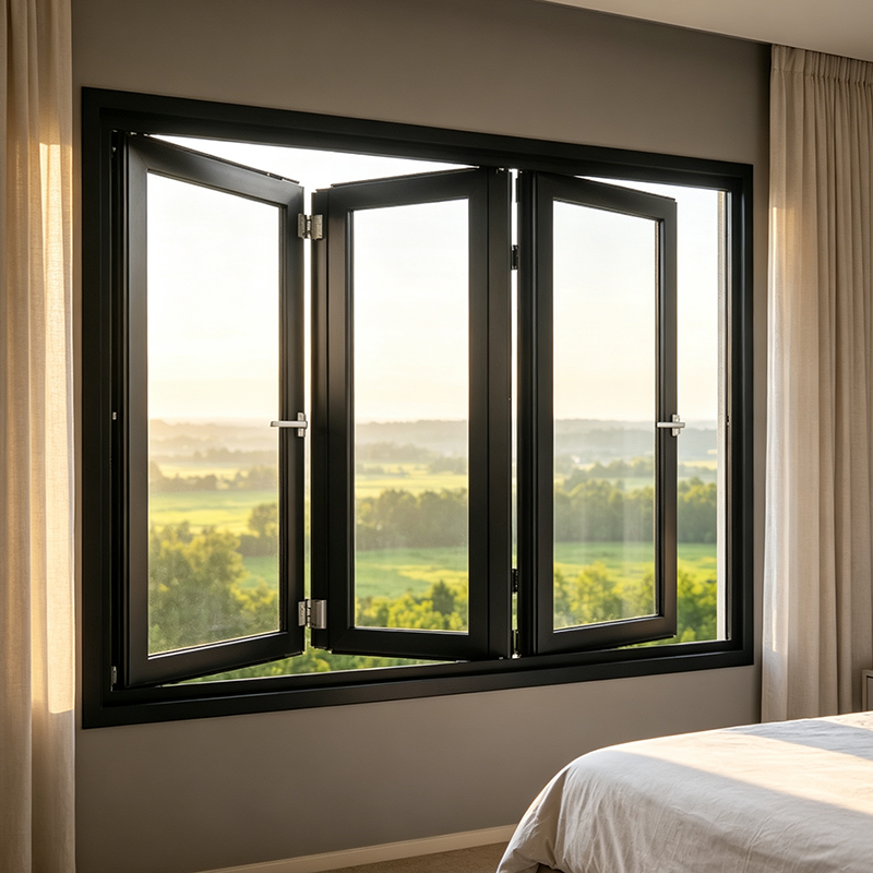 Fabrieksmatig geproduceerd, orkaanbestendig aluminium vouwraam met driedubbel glas, windbestendig en stormbestendig, geschikt voor een villa aan de kust.