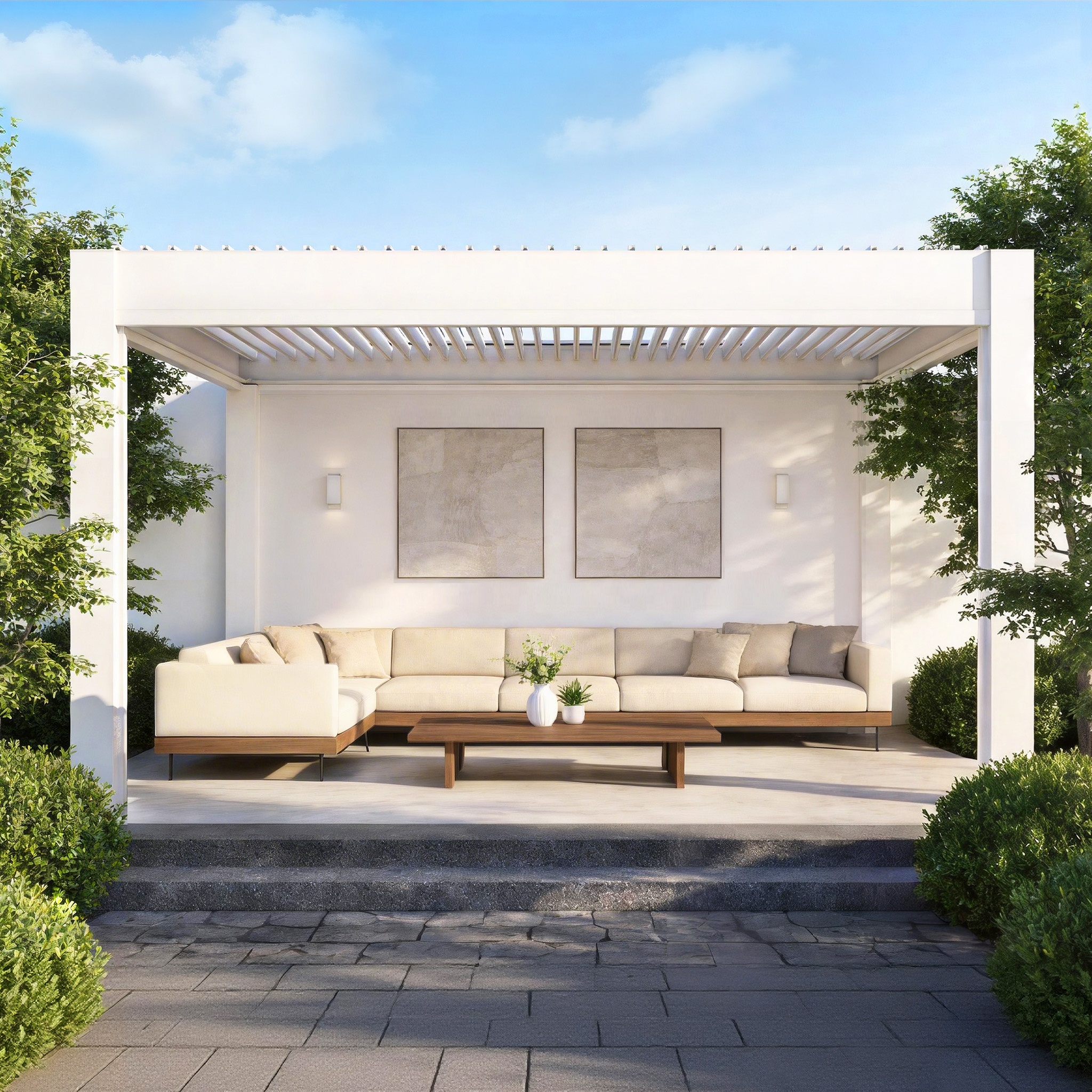 Metalen lamellen terrasoverkapping, waterdicht zonnescherm, gepoedercoat, elektrische bioklimatische aluminium pergola met lamellen
