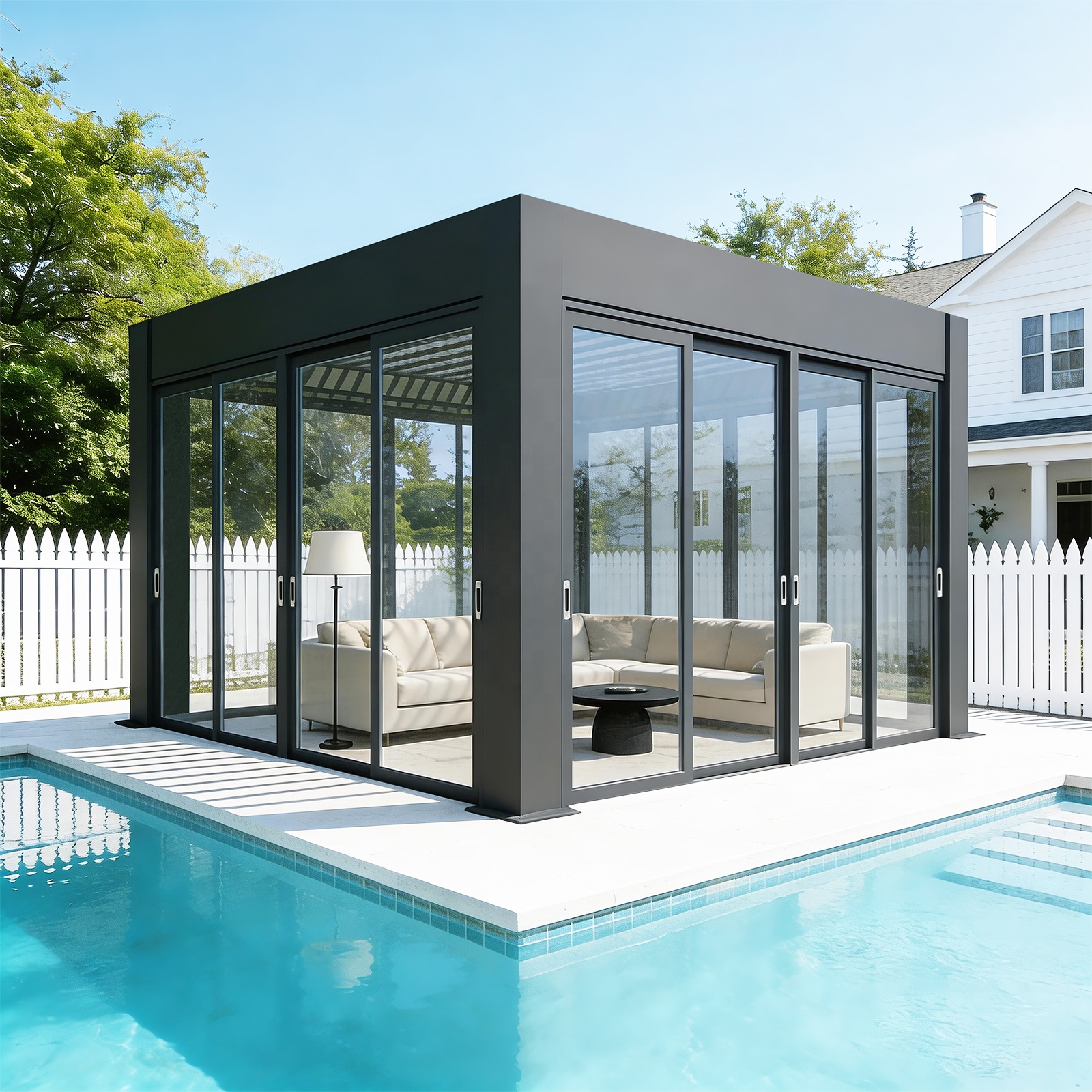 Metalen lamellen terrasoverkapping, waterdicht zonnescherm, gepoedercoat, elektrische bioklimatische aluminium pergola met lamellen
