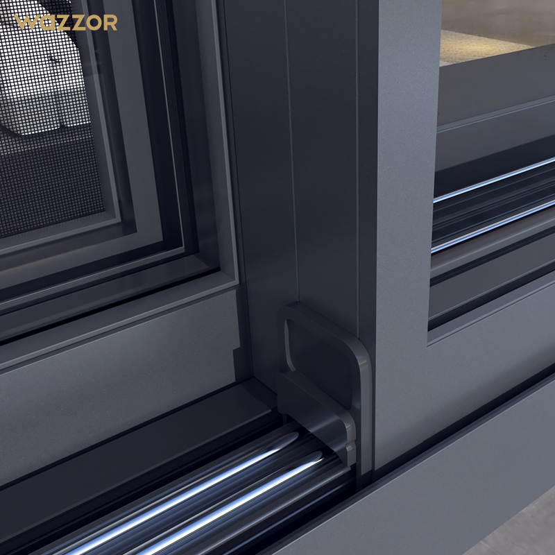 Wazzor Hotel Orkaanbestendige Ramen Balkon Geluidsdicht Dubbelglas Aluminium Ramen Drievoudig Glas Zwart Aluminium Schuiframen