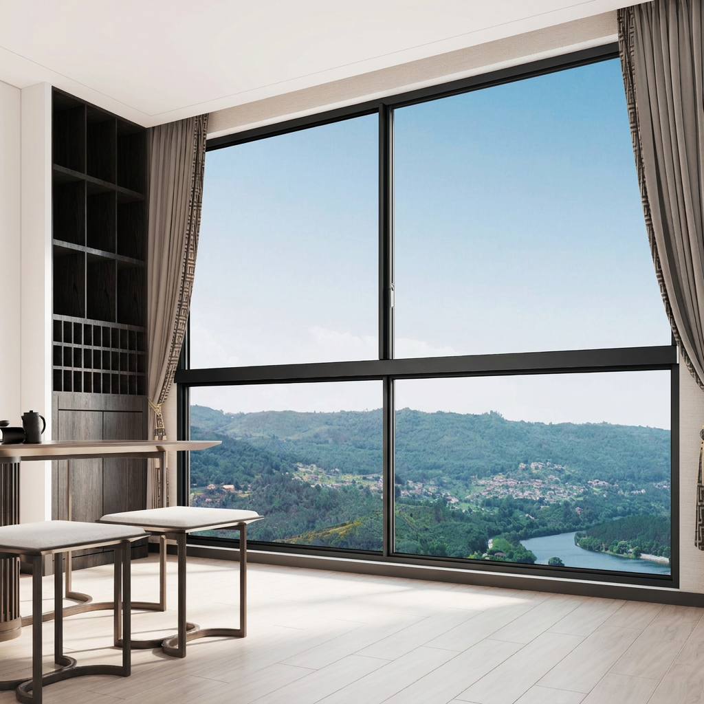 Slim elektrisch hefbaar schuifraam van aluminiumlegering met onzichtbaar glas, geschikt voor balkon van hotel of villa