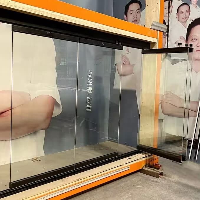 Volledig zichtbaar, naar buiten vouwbaar, dubbel open schuifbaar balkonraamsysteem van glas met aluminium frame en vouwdeur.