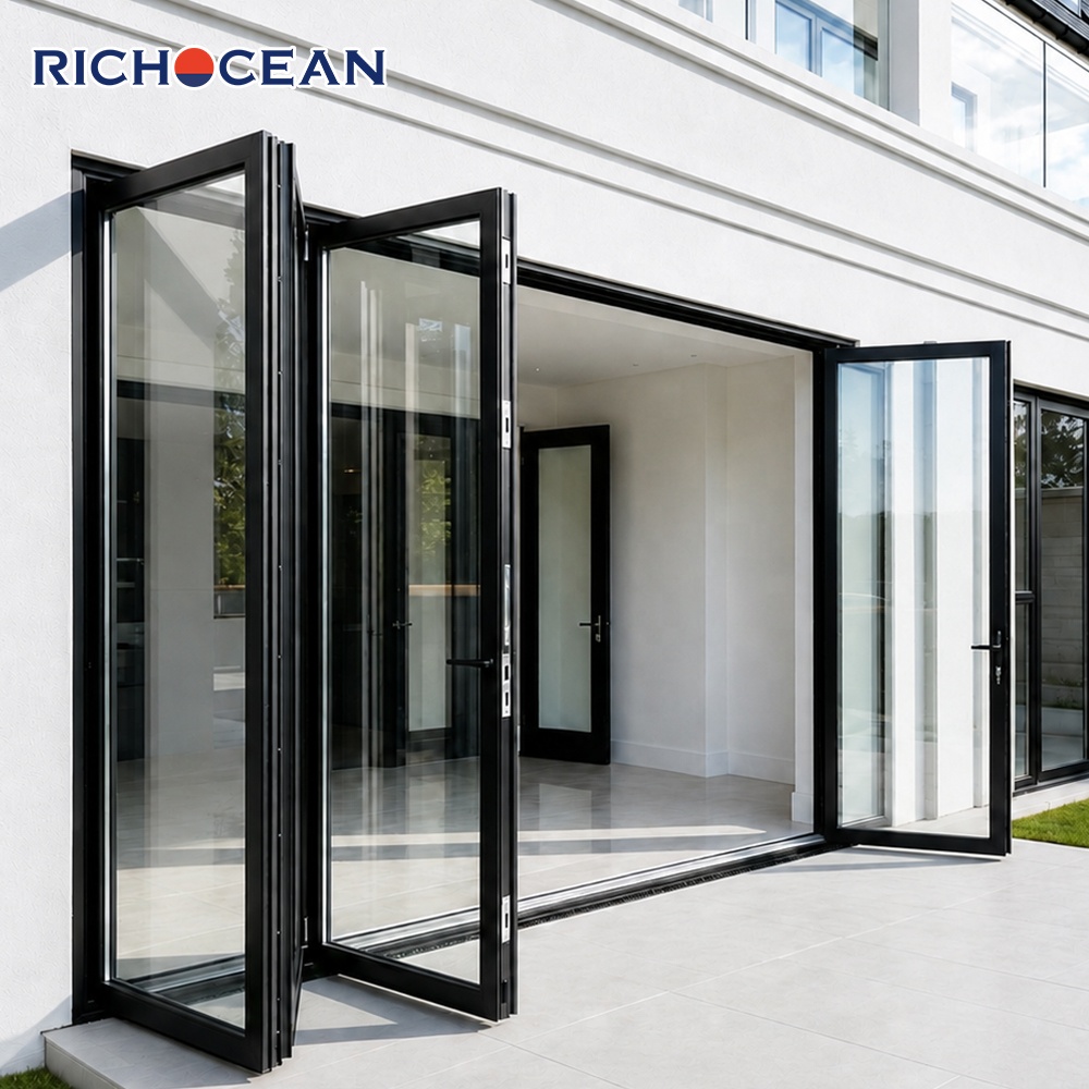 RICHOCEAN Florida Minimalistische orkaanbestendige aluminium vouwdeuren met glas, weerbestendige driedubbele beglazing, dubbele vouwdeur