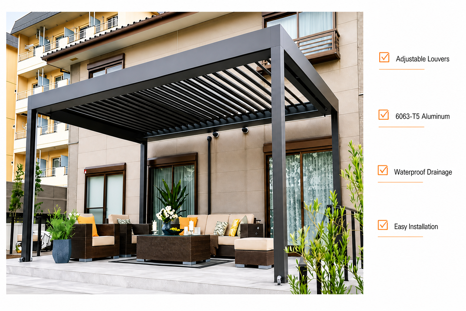 Moderne gemotoriseerde bioklimatische aluminium terraspergola, tuinpaviljoen, automatisch intrekbaar lamellendak, waterdicht en sterk.