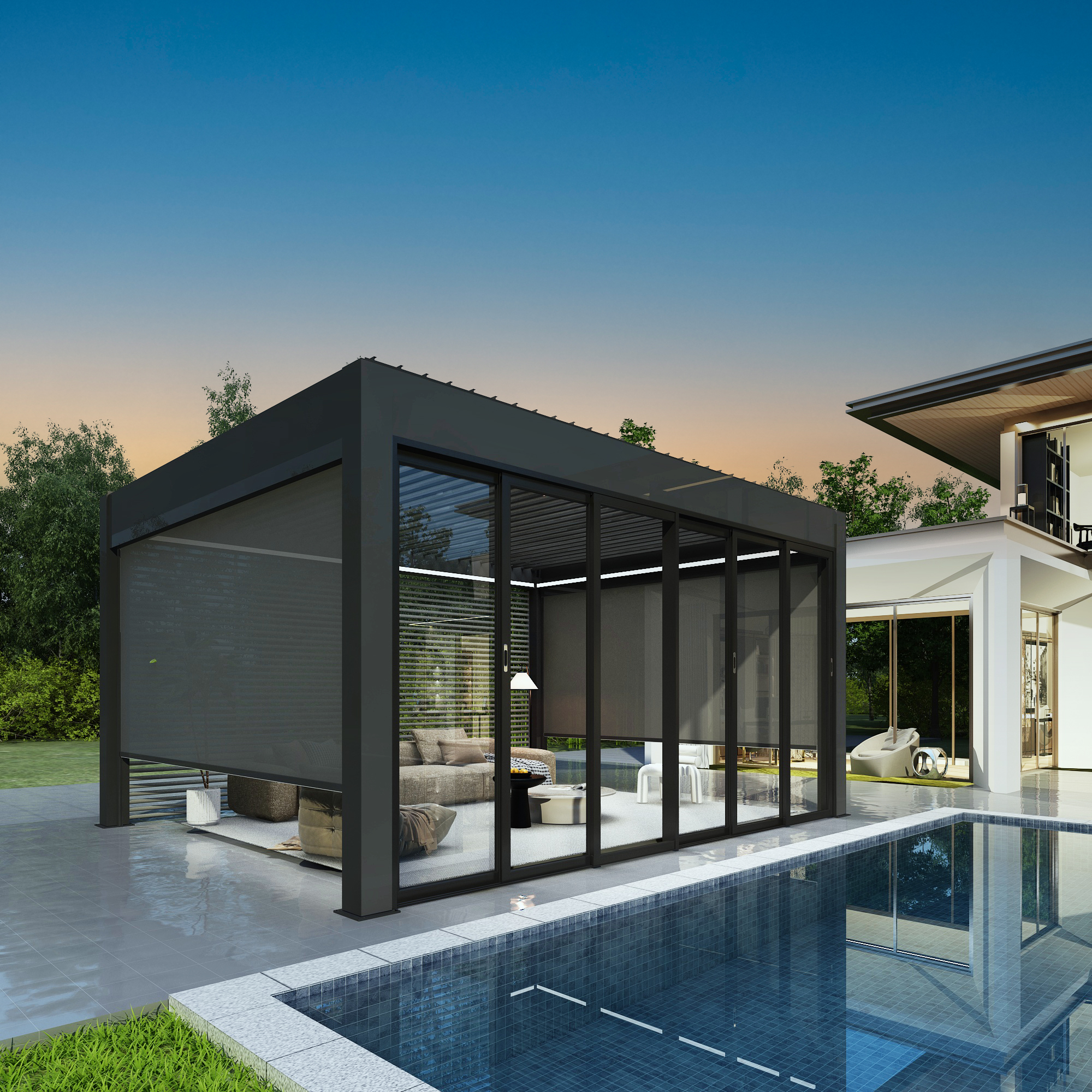 Gemotoriseerde, regenbestendige lamellen voor buiten, tuinoverkapping, terrasoverkapping, gepoedercoat tuinpaviljoen, bioklimatische lamellen aluminium pergola, balkon