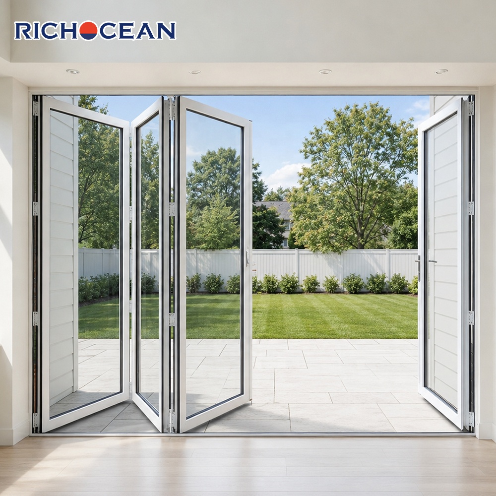 RICHOCEAN Florida Minimalistische orkaanbestendige aluminium vouwdeuren met glas, weerbestendige driedubbele beglazing, dubbele vouwdeur