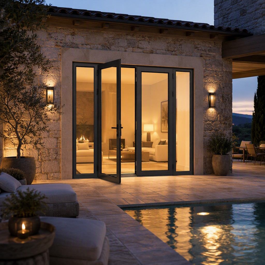 Draaideur voor huis, villa, appartement, hotel, buitendeur, aluminium, draaideur, modern, op maat gemaakt, residentieel