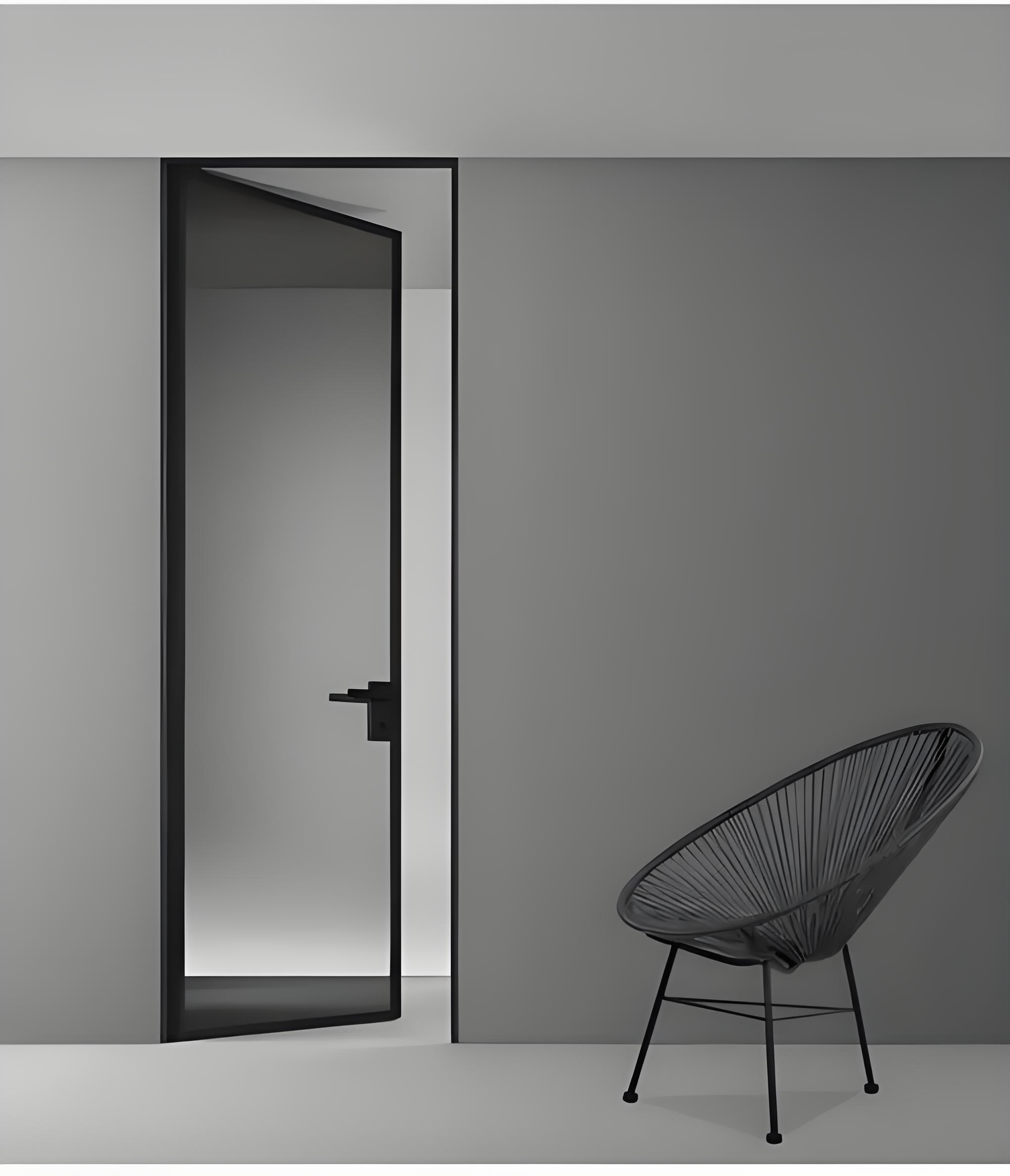 Energiezuinige, thermisch onderbroken aluminium draaideur met glas, geluidsisolatie, enkel- of dubbelvleugelig, gepoedercoat, geschikt voor supermarkten en magazijnen.