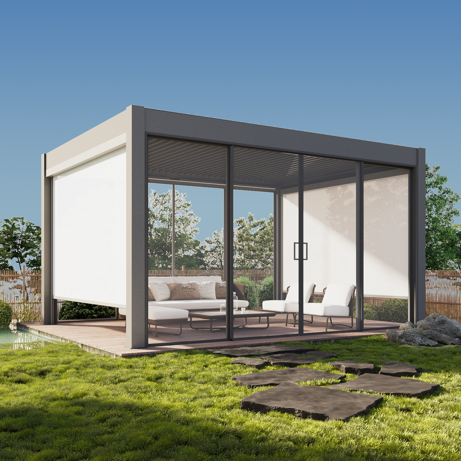 Gemotoriseerde, regenbestendige lamellen voor buiten, tuinoverkapping, terrasoverkapping, gepoedercoat tuinpaviljoen, bioklimatische lamellen aluminium pergola, balkon