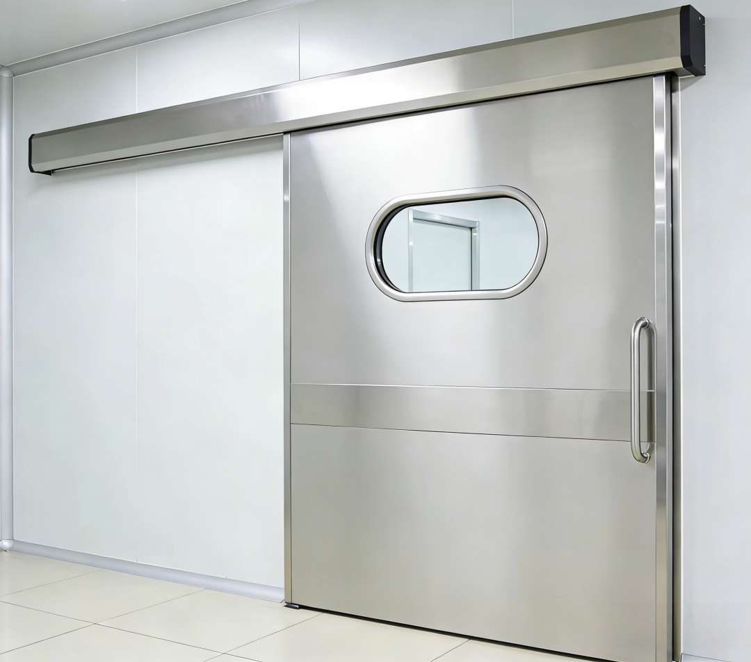 Automatische compressieafdichting, gegalvaniseerd stalen schuifdeur voor cleanrooms, luchtdichte afdichting rondom, geschikt voor cleanrooms en ziekenhuizen.