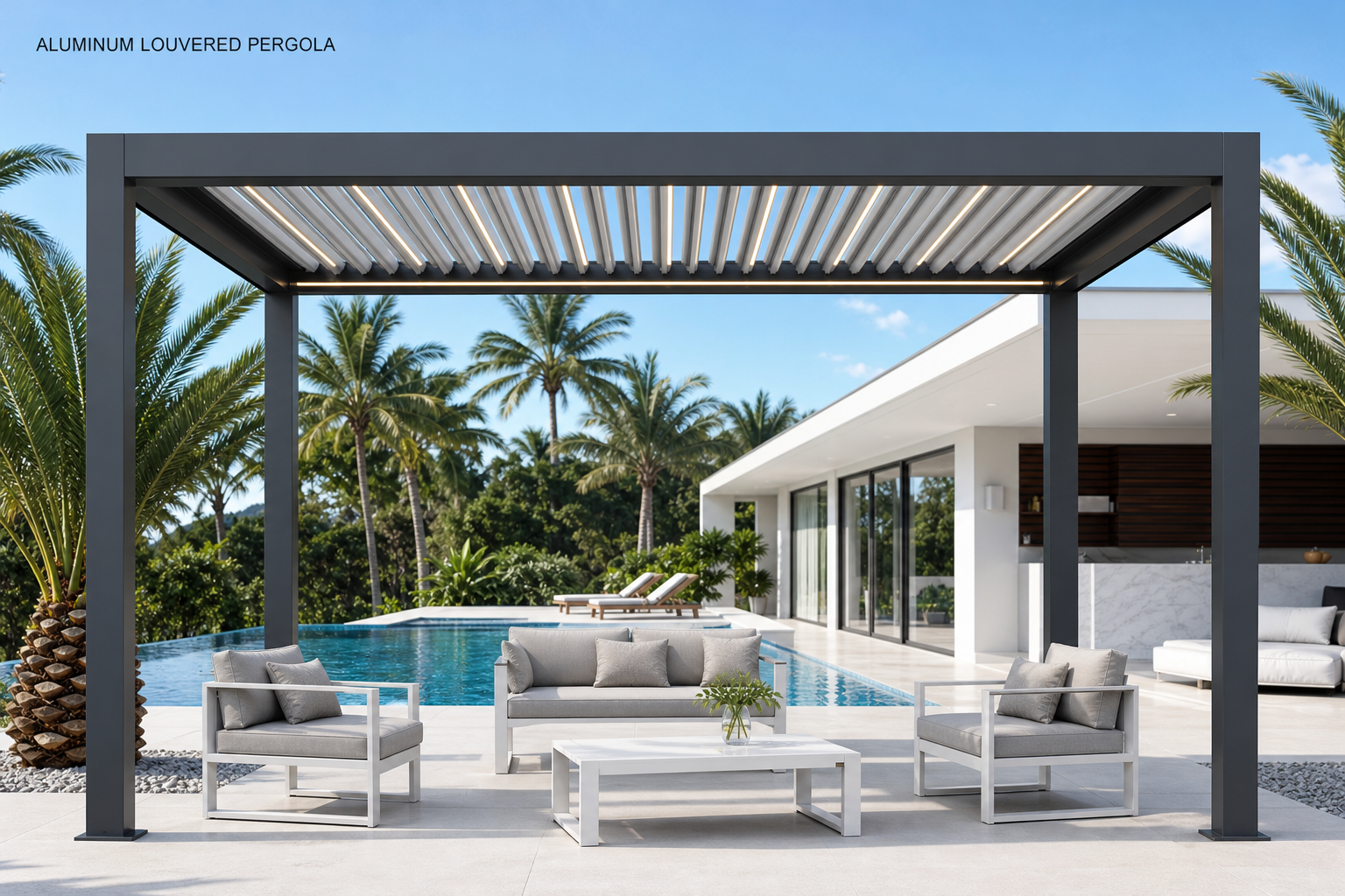 Moderne gemotoriseerde bioklimatische aluminium terraspergola, tuinpaviljoen, automatisch intrekbaar lamellendak, waterdicht en sterk.