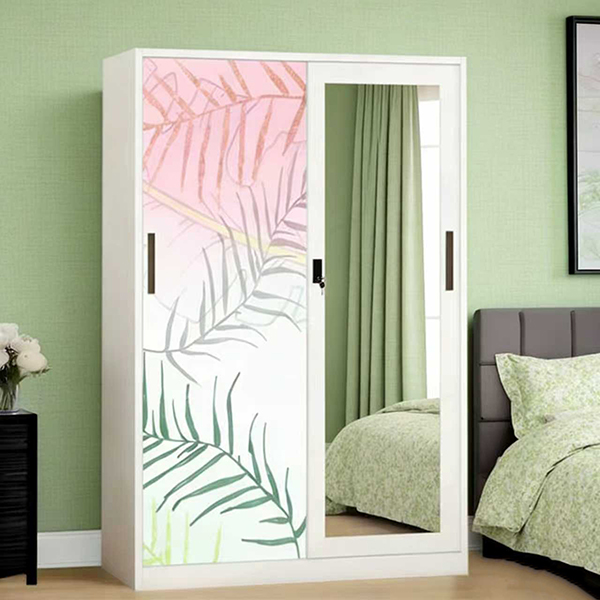 Eenvoudige metalen kledingkast met print voor de slaapkamer, stalen kledingkast met 2 schuifdeuren.