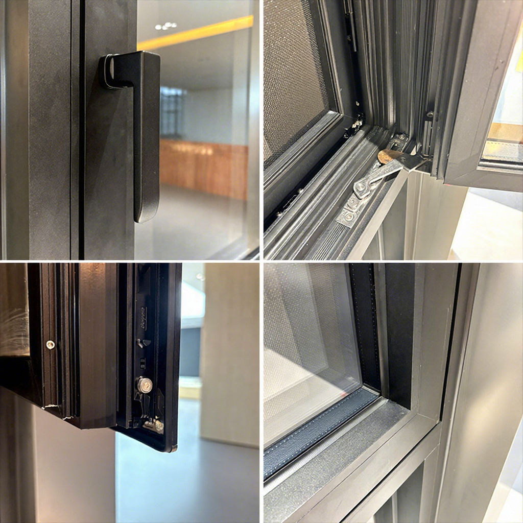 Moderne aluminium draai-kiepramen en -deuren met lamellen, energiebesparend Low-E-glas, dubbel glas, draai-kiepfunctie.