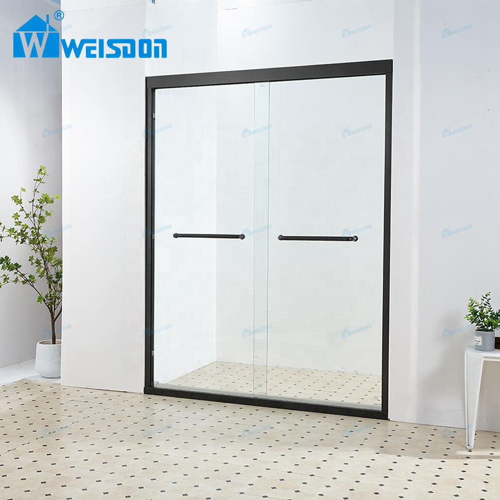 Badkamer op maat ontworpen voor villa's en hotels, met een frame van matzwart aluminiumlegering (5+5 mm gelaagd gehard glas) en een dubbele schuifdeur voor de douche.