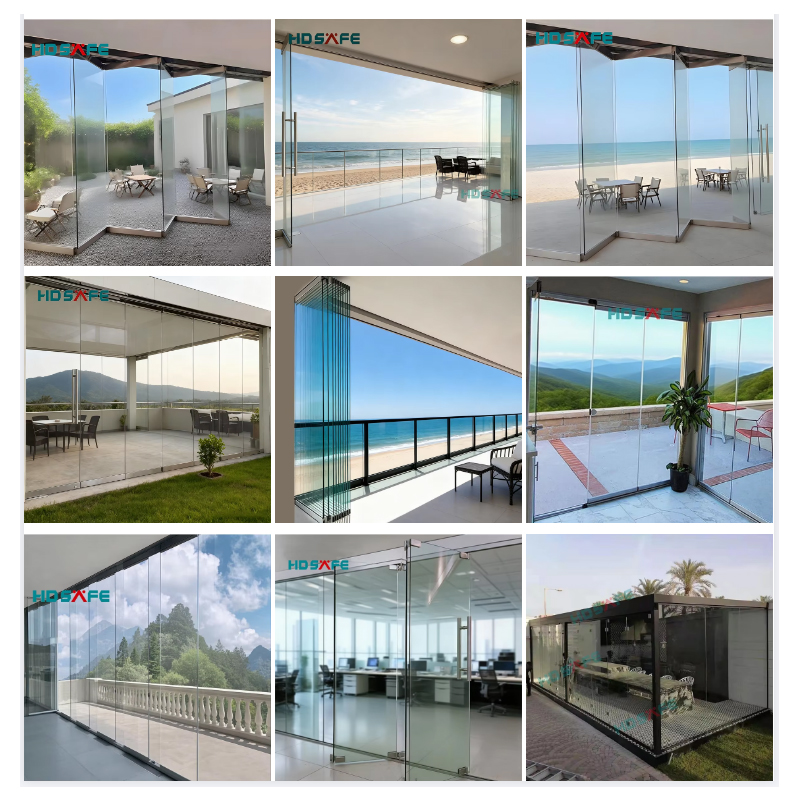 Frameloze glazen vouwdeur van roestvrij staal voor villa, balkon, restaurant, verplaatsbare glazen scheidingswand, stapelbare schuifdeur van glas, dubbele vouwdeur