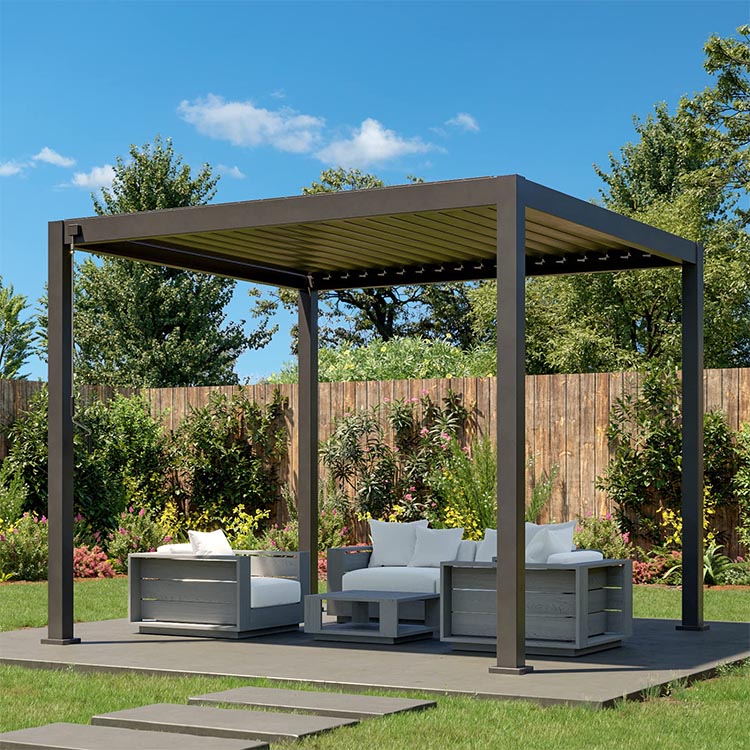 Luxe moderne buitenpergola daksysteem waterdicht metalen tuinpergola op maat aluminium lamellenpergola gemotoriseerd