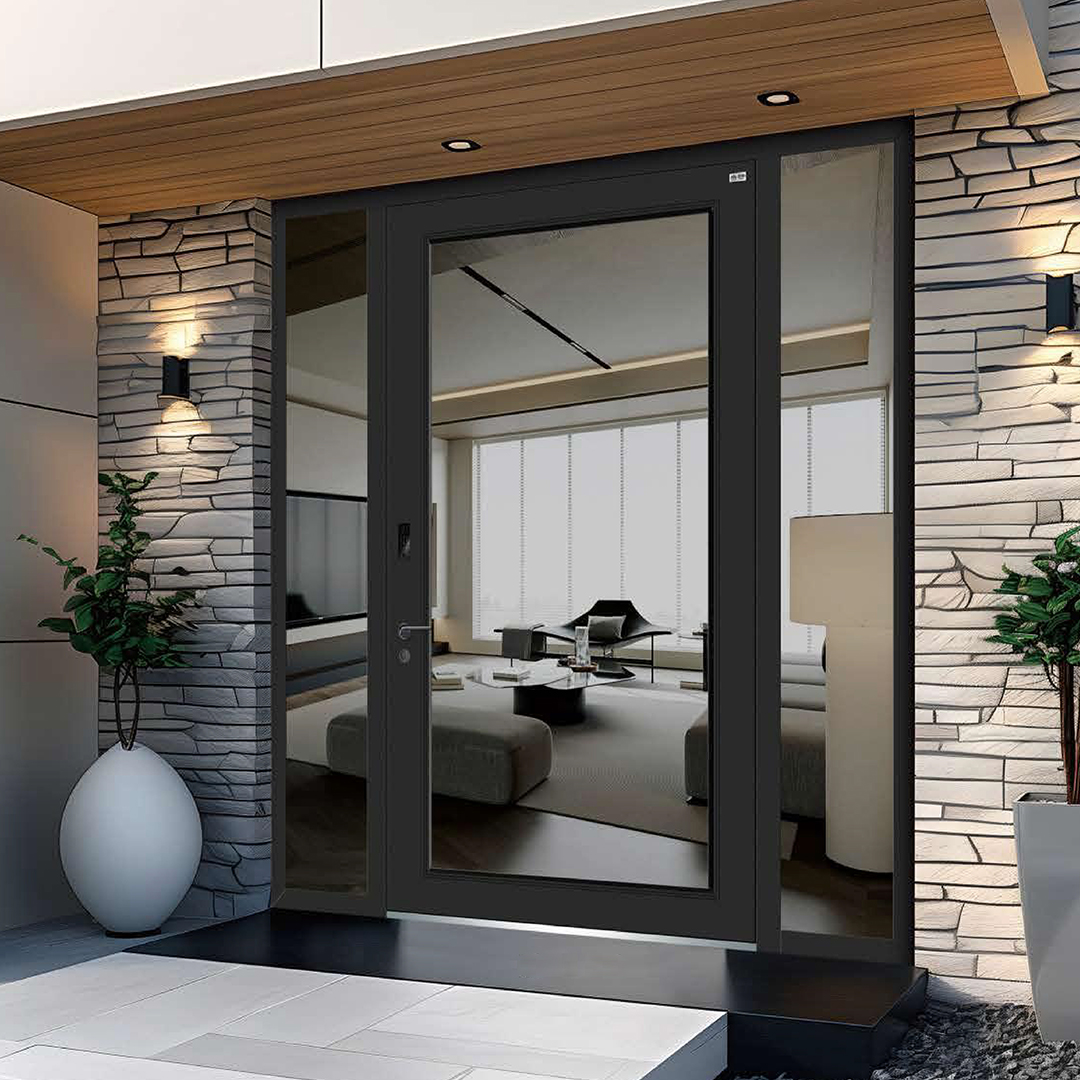 Commerciële aluminium toegangsdeur met thermische onderbreking, dubbel glas en hoge windbestendigheid voor hotel- en villaprojecten.