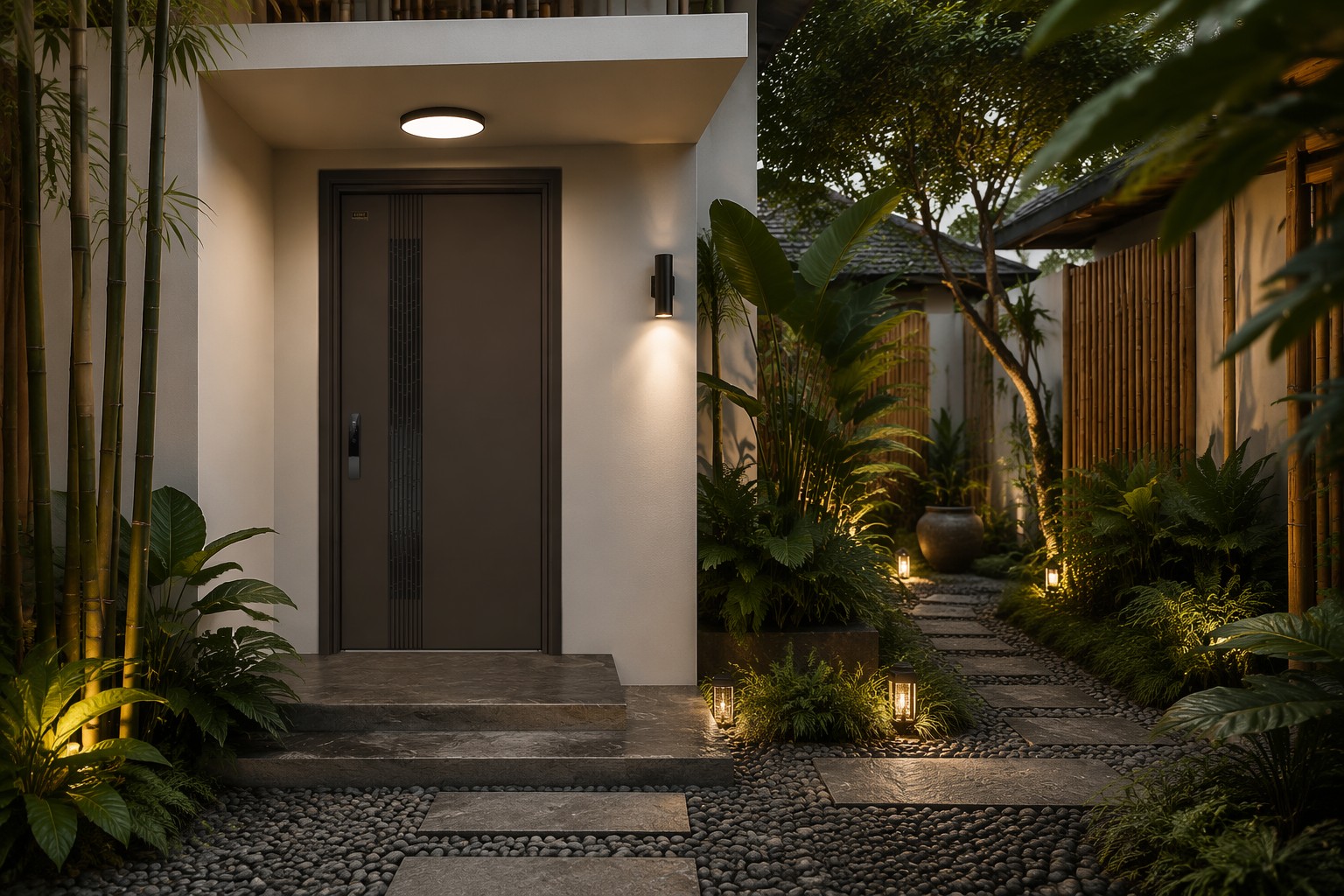 Thermisch onderbroken aluminium voordeur, modern en eigentijds, met geribbelde verticale panelen, taupekleurig, enkelvoudige geluidsisolatie, waterdichte deur.
